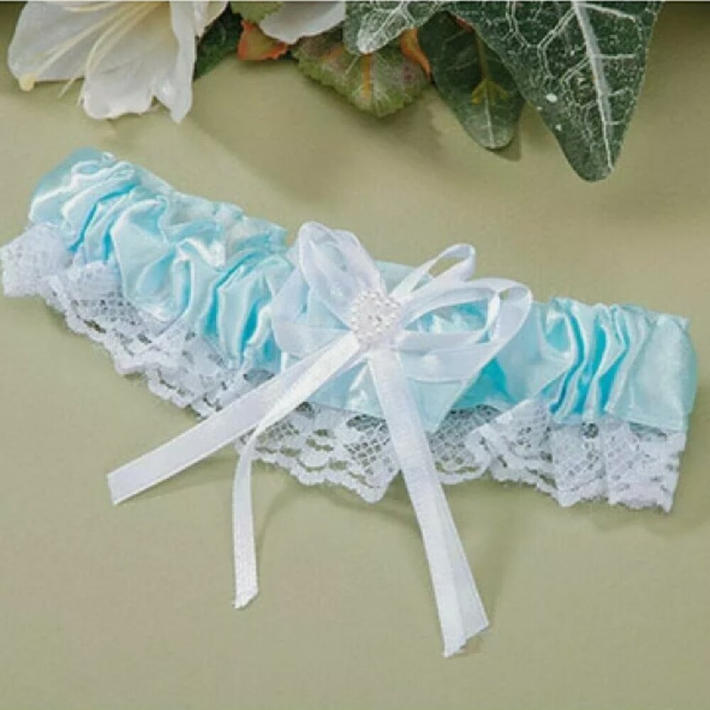 Victoria Lynn™ Garter Satin Lace Trim Pearl Heart Light Blue NWT